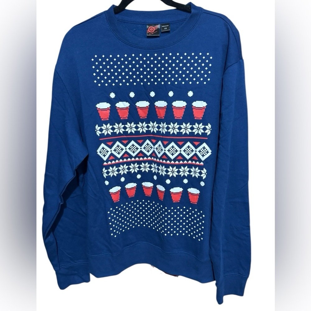 Mad Engine Beer Pong Unisex Ugly Christmas Sweater Crewneck Blue Sz Large